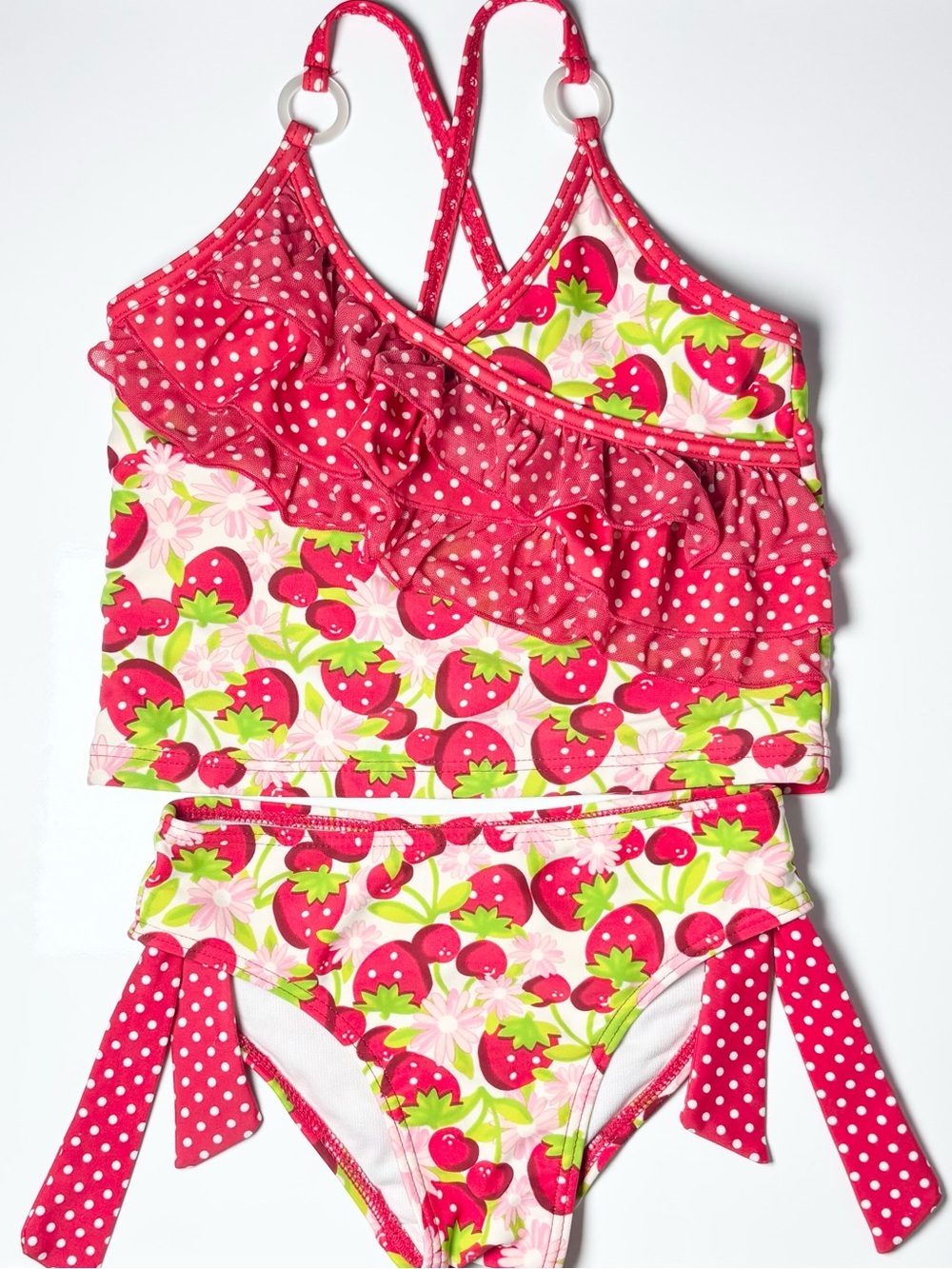 Lisabelle Girls Strawberry & Polka Dot Ruffle Tankini Two Piece Swimsuit Size 5T